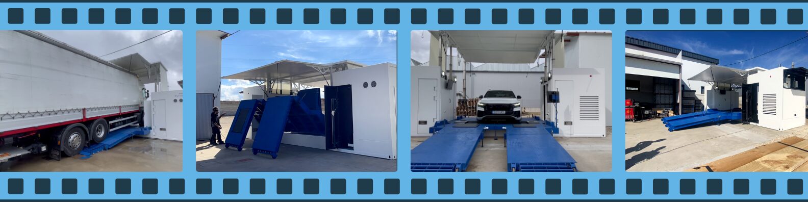 film strip of images showcasing the Ryme Worldwide Universal Mobile Container with a truck entering, unfolding from the container, with a car testing, and fully set up.