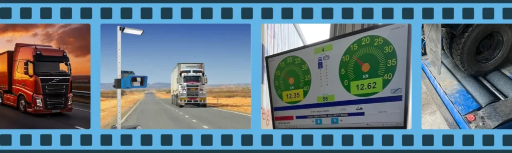A filmstrip of images showing queensland trucks with a Ryme Worldwide FRU 4 roller brake tester and display installed by EquipSpecs.