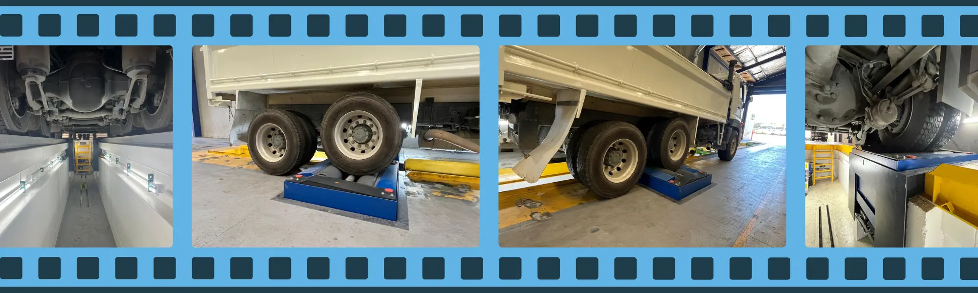 Heavy vehicle undergoing brake testing using a roller brake tester with lifting-bed load simulation, shown from multiple workshop angles for accurate, real-world brake assessment.