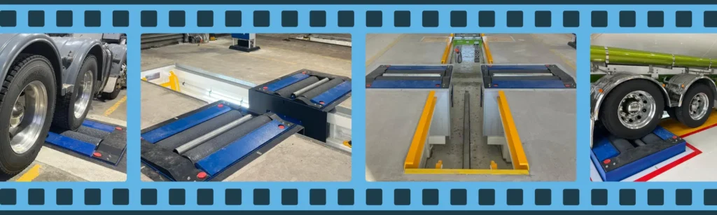 Roller brake tester installations in an Australian workshop environment, showing in-ground testing lanes and heavy-vehicle brake testing.