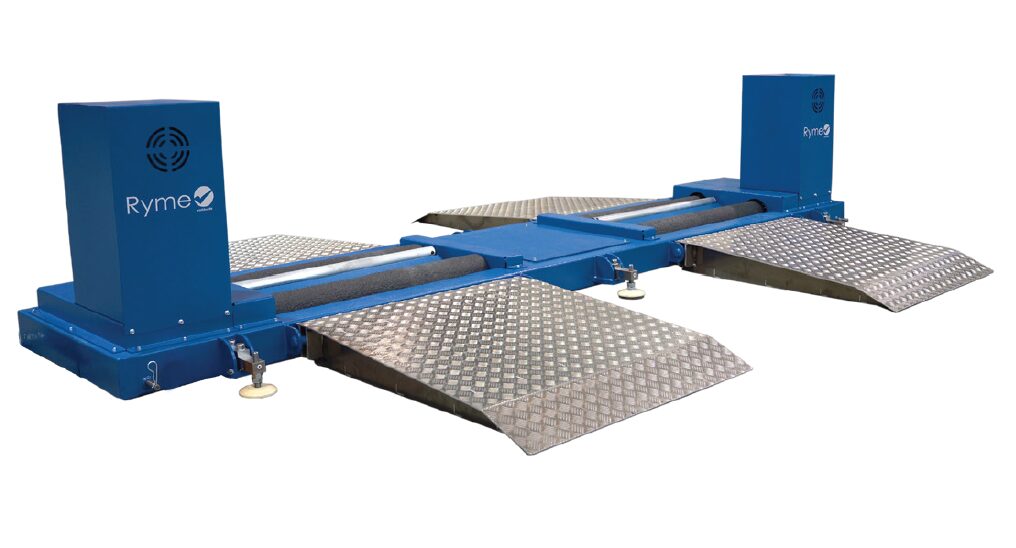 Ryme FRU 9 portable heavy vehicle roller brake tester with access ramps, designed for mobile brake testing of trucks and commercial vehicles up to 18 tonnes per axle