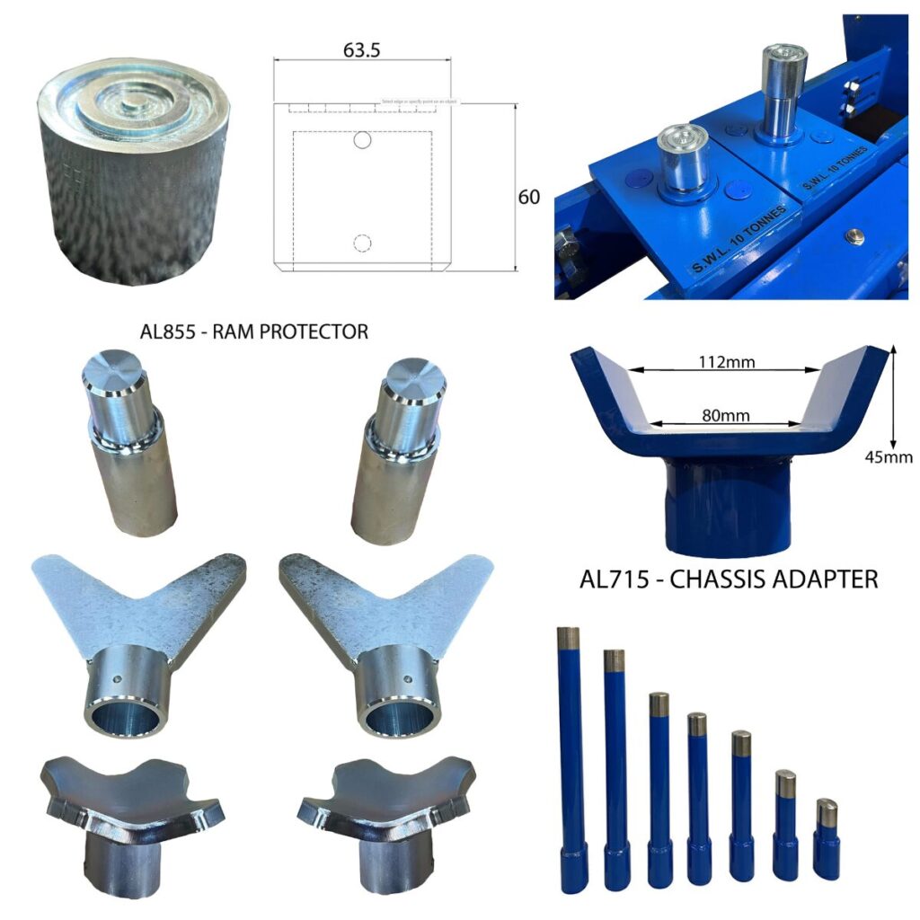 pit jack adapters and extensions for heavy vehicle workshops including chassis adapters and ram protectors