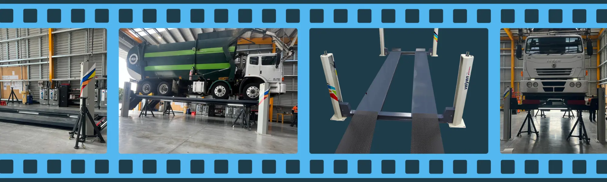 Heavy vehicle on Velyen four-post hydraulic lift in workshop, showing stable platform lifting for truck servicing and maintenance.