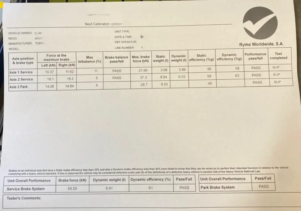 Truck brake tester results report showing brake force imbalance and dynamic efficiency in Australian workshop Sydney