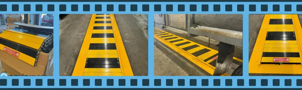 Automatic air-operated pit cover system installed in a heavy vehicle workshop, shown across multiple stages of operation over an inspection pit to improve workshop safety and efficiency.
