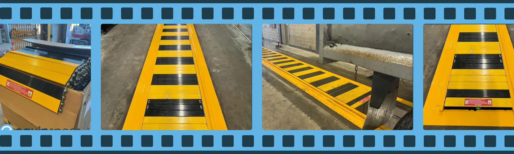 Automatic air-operated pit cover system installed in a heavy vehicle workshop, shown across multiple stages of operation over an inspection pit to improve workshop safety and efficiency.