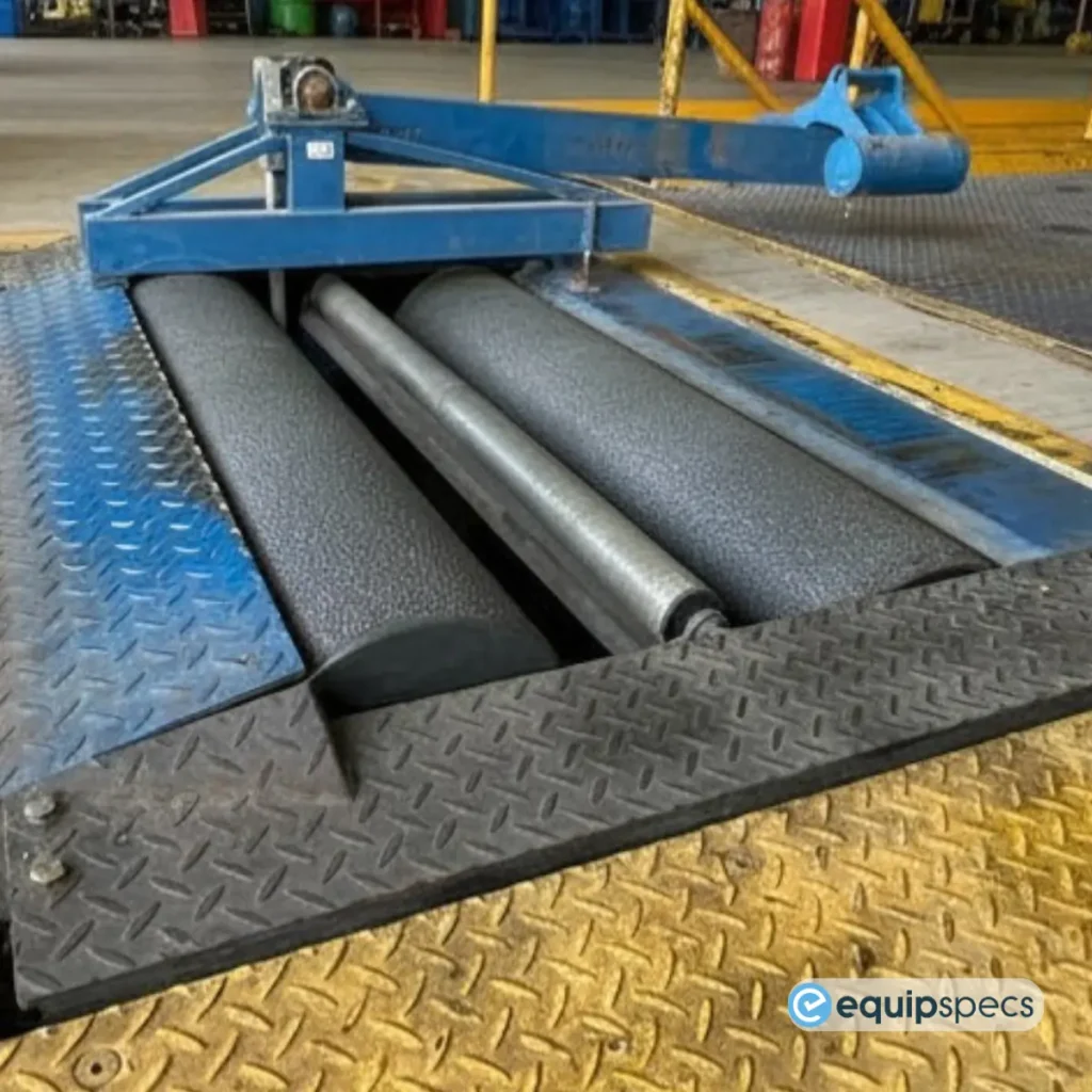 Close-up of a truck roller brake tester during calibration in an Australian heavy vehicle workshop.